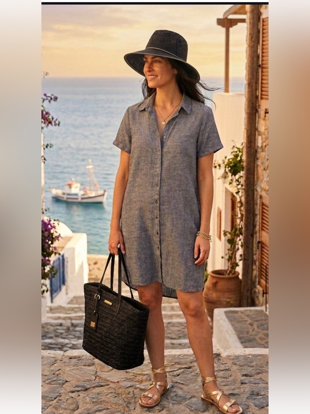 Tahari - Gray Linen Button-Down Dress!  Like NEW. Size S.